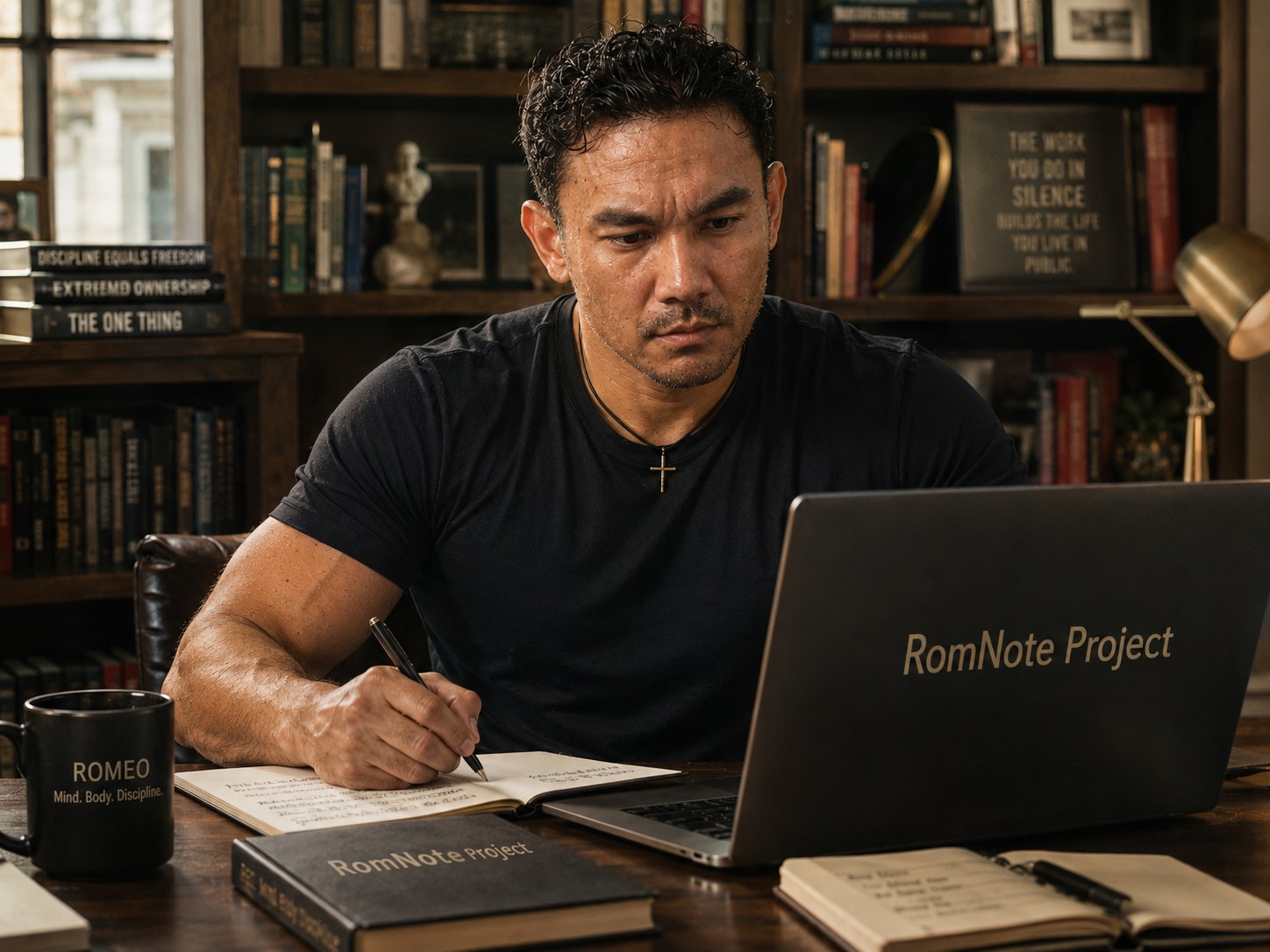 Romeo Mesina working on The RomNote Project at a desk in a library-style room