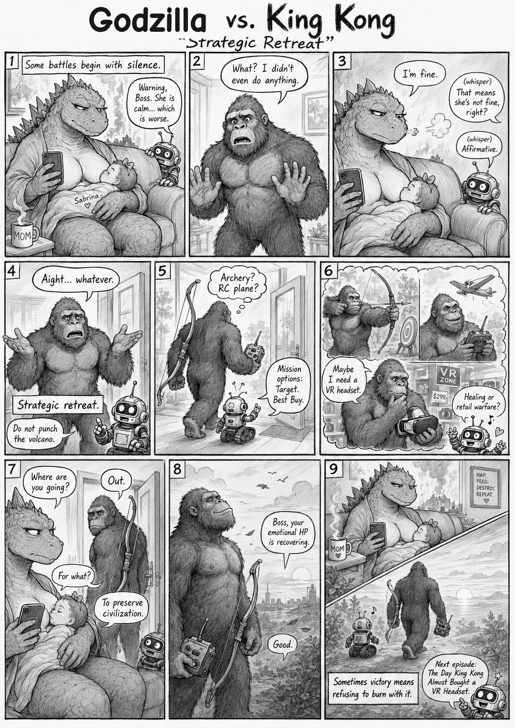 Godzilla vs. King Kong — Strategic Retreat comic sketch featuring Godzilla, King Kong, Sabrina, and JARBIT