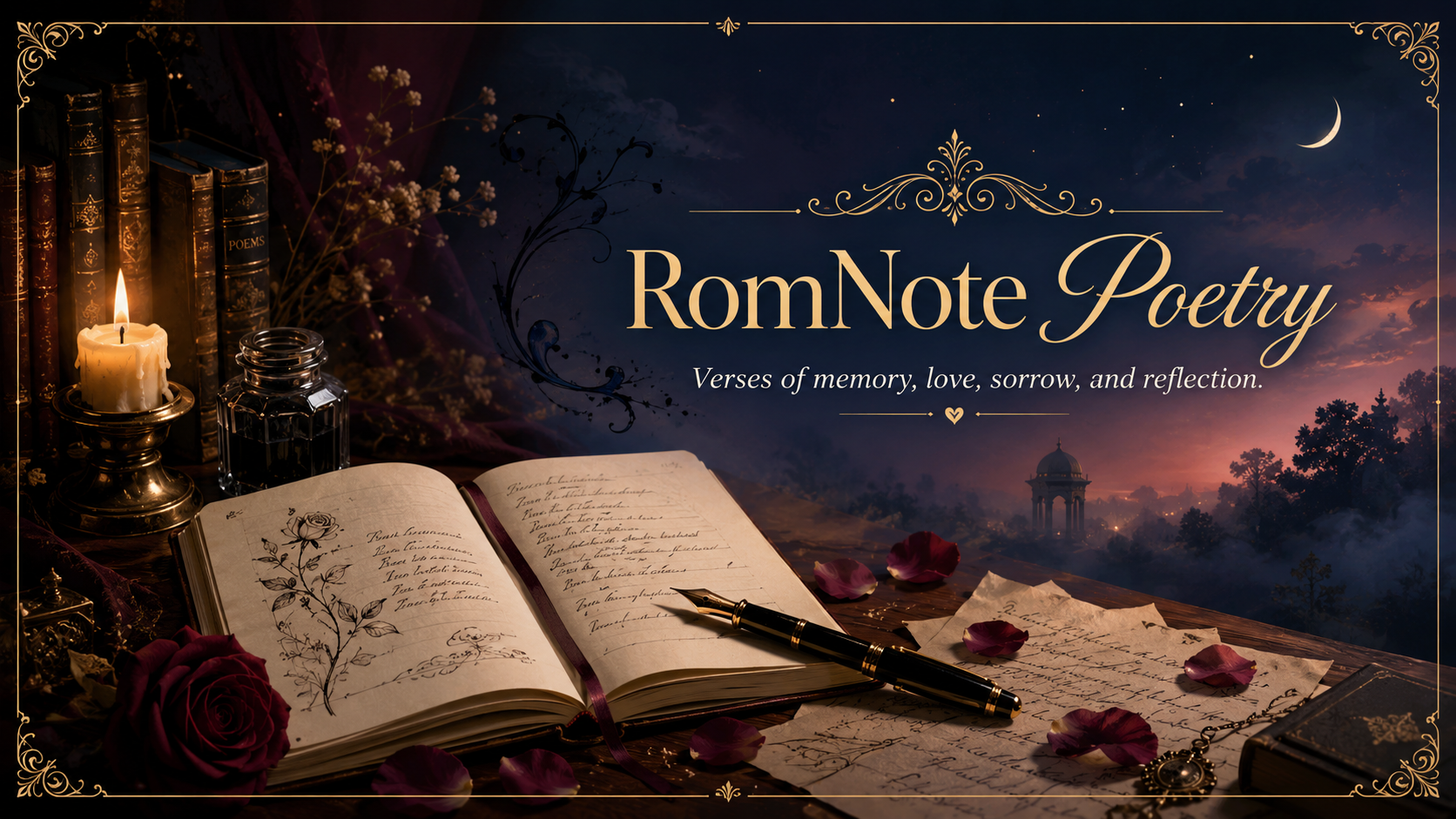 RomNote Poetry feature artwork with candlelight, books, journal pages, and a twilight literary mood.