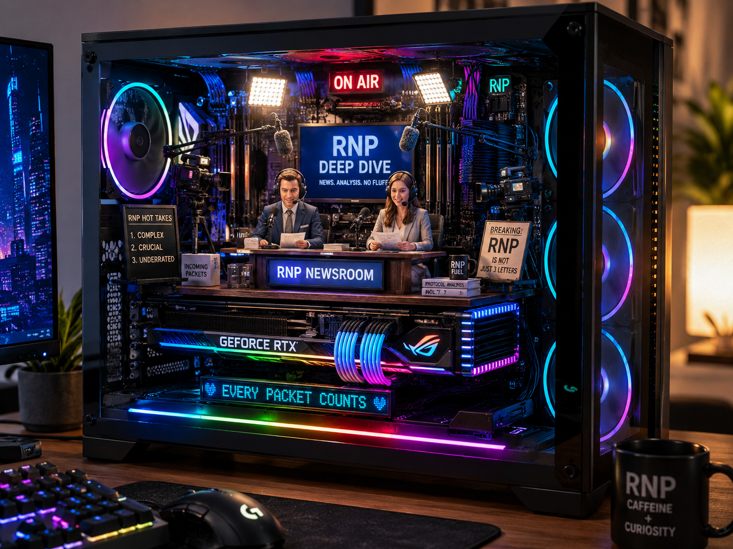 The Tiny Hosts of NotebookLM cover artwork showing a miniature RNP Deep Dive newsroom inside a gaming computer